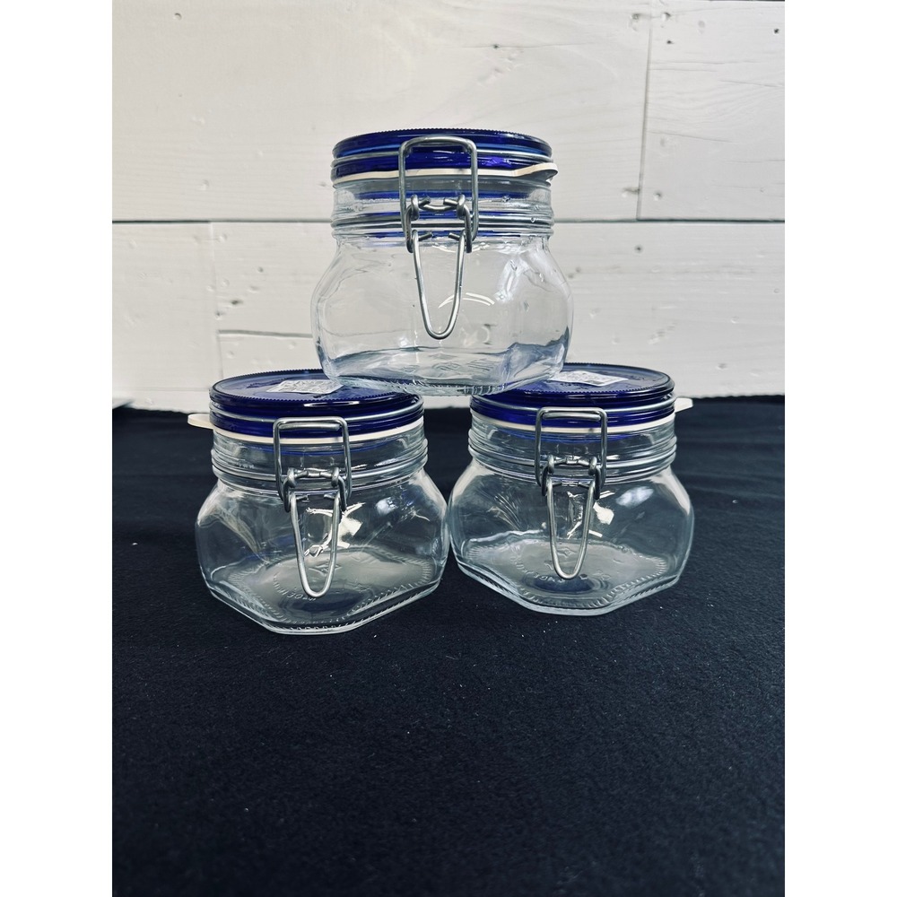 Bormioli Rocco Fido Blue Lid Glass Jars 17oz Made in Italy Set of 3 Hermetic Can